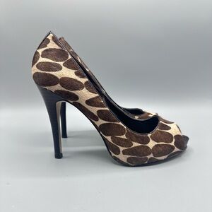 Nine West Size 8 Brown Liatris Animal Print Pony Hair Peep Toe Pump Heels